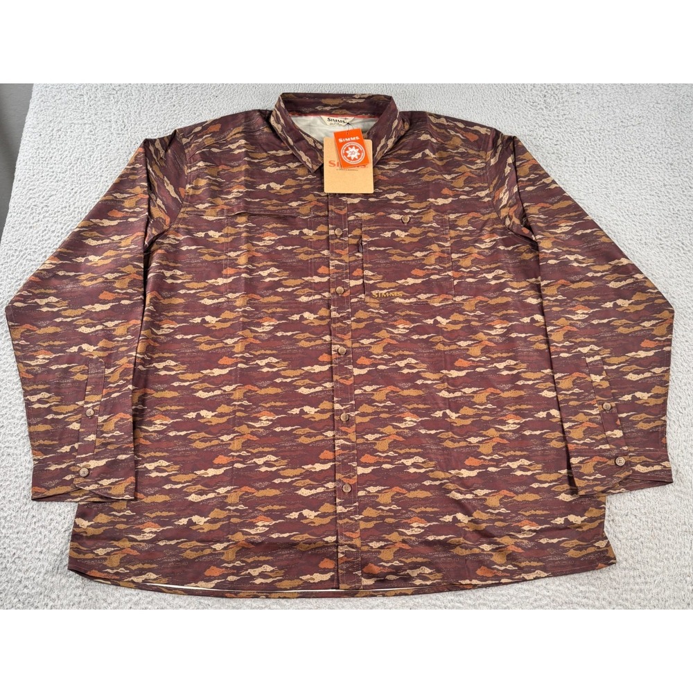 Simms Challenger Fishing Shirt Mens 3XL Long Sleeve Mahogany Riverbed Print NWT‎